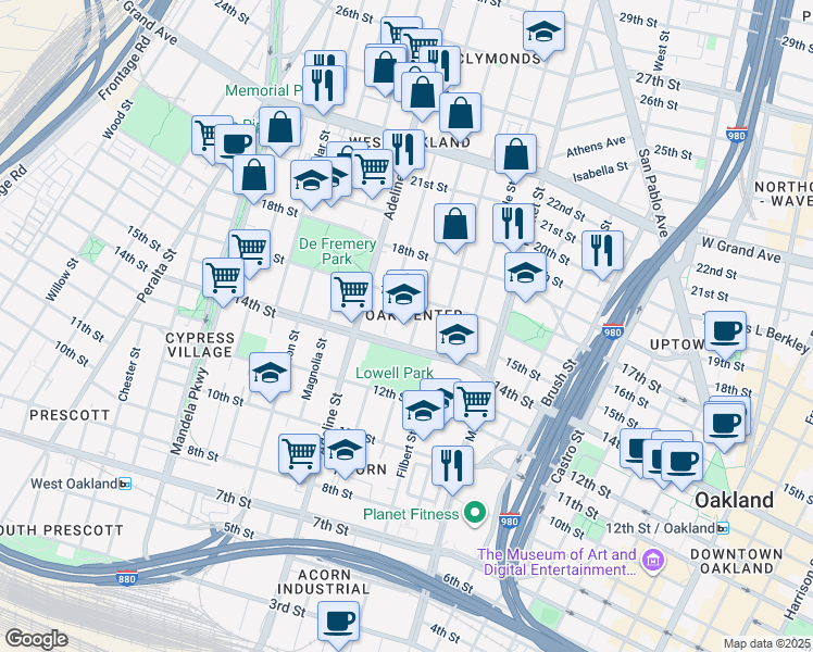 map of restaurants, bars, coffee shops, grocery stores, and more near 1524 Chestnut Street in Oakland