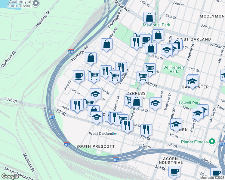 map of restaurants, bars, coffee shops, grocery stores, and more near 1219 Peralta Street in Oakland