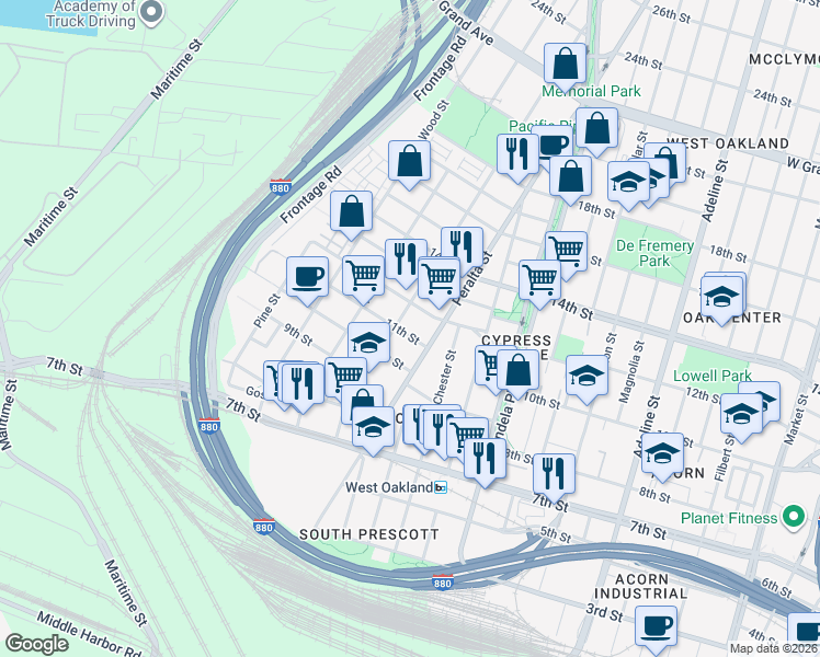 map of restaurants, bars, coffee shops, grocery stores, and more near 1657 12th Street in Oakland
