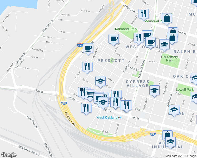 map of restaurants, bars, coffee shops, grocery stores, and more near 1694 11th Street in Oakland
