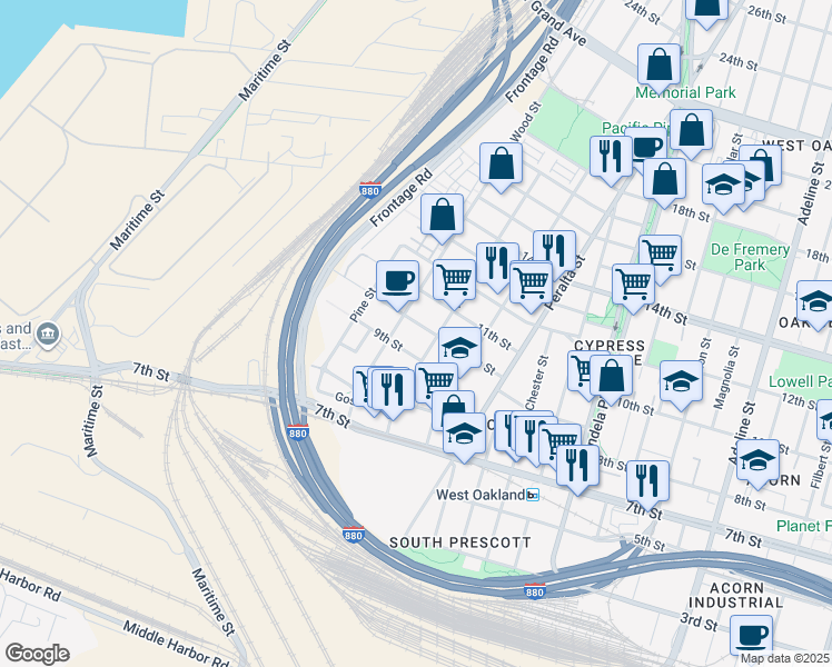 map of restaurants, bars, coffee shops, grocery stores, and more near in Oakland