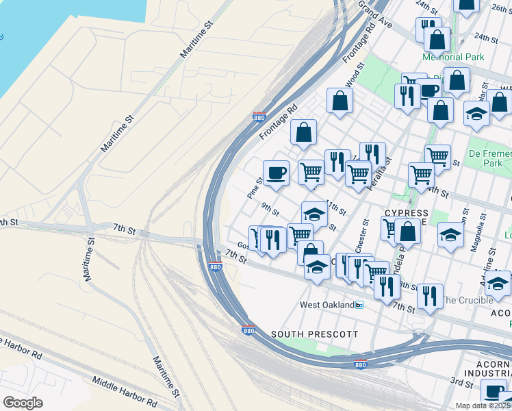 map of restaurants, bars, coffee shops, grocery stores, and more near 1773 10th Street in Oakland