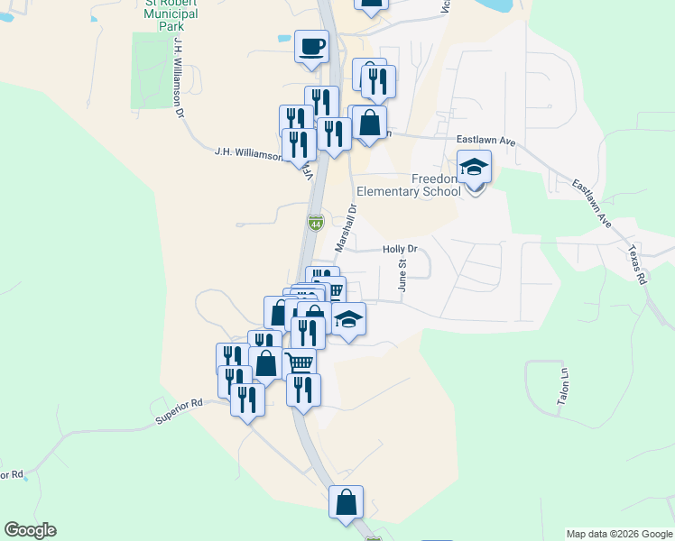 map of restaurants, bars, coffee shops, grocery stores, and more near 240 Marshall Drive in Saint Robert