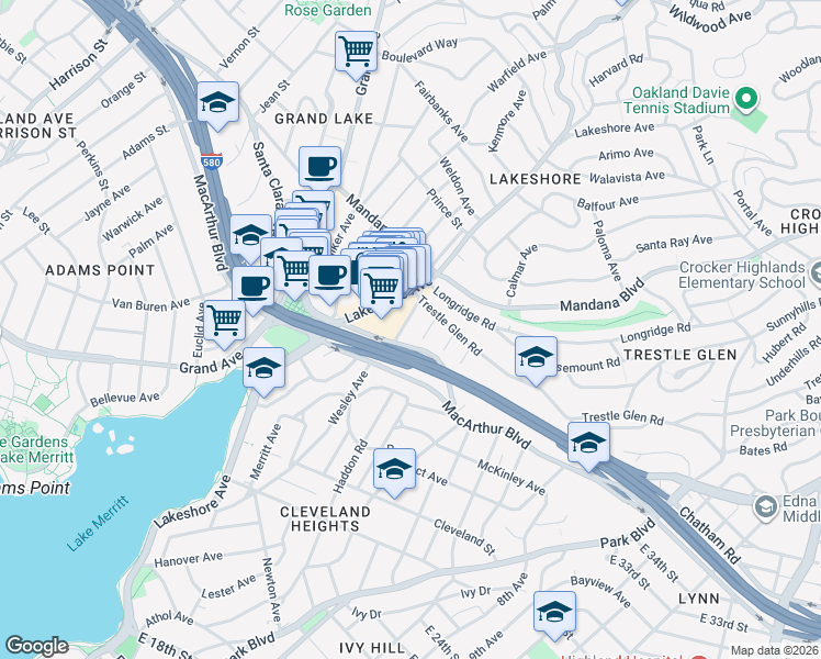 map of restaurants, bars, coffee shops, grocery stores, and more near 730 Wesley Way in Oakland