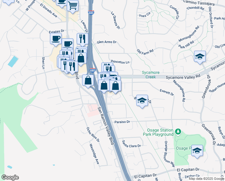 map of restaurants, bars, coffee shops, grocery stores, and more near 730 Camino Ramon in Danville