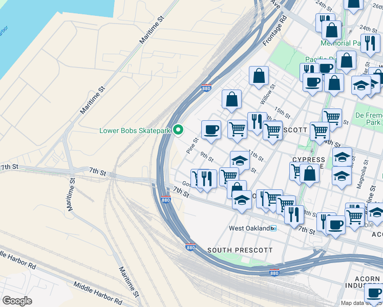 map of restaurants, bars, coffee shops, grocery stores, and more near 874 Pine Street in Oakland