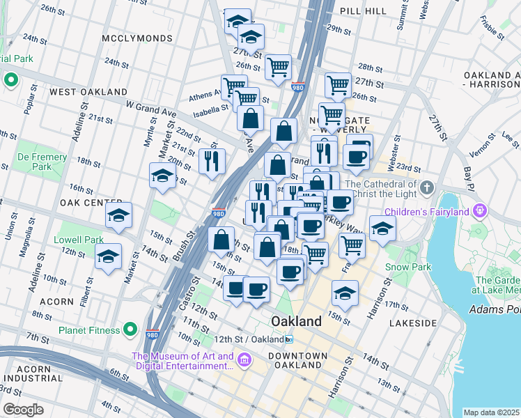 map of restaurants, bars, coffee shops, grocery stores, and more near 1955 San Pablo Avenue in Oakland