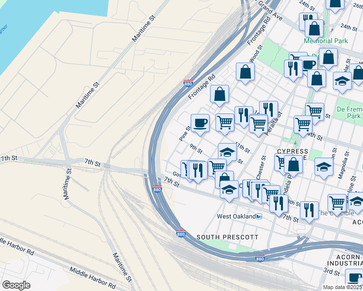 map of restaurants, bars, coffee shops, grocery stores, and more near 1822 9th Street in Oakland