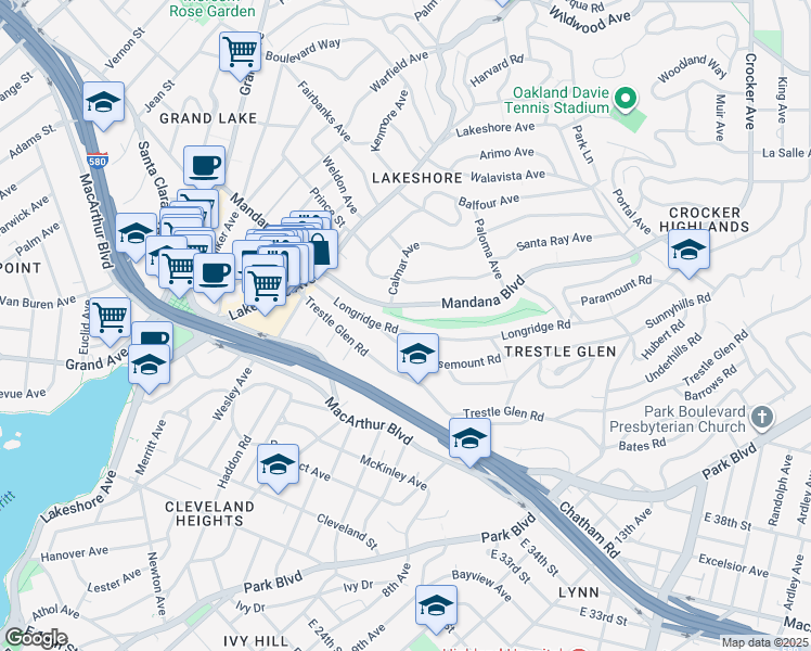 map of restaurants, bars, coffee shops, grocery stores, and more near 716 Longridge Road in Oakland