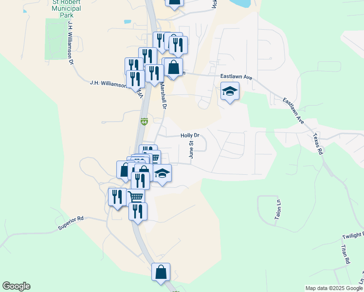 map of restaurants, bars, coffee shops, grocery stores, and more near 121 Holly Drive in Saint Robert