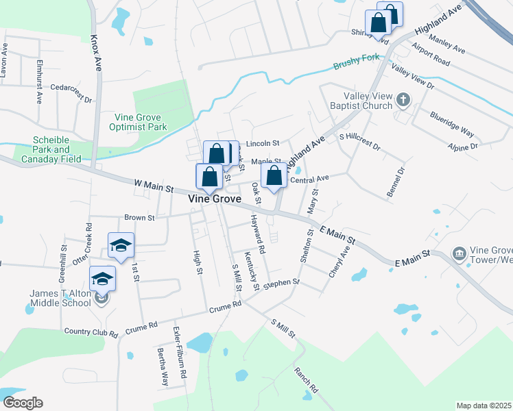 map of restaurants, bars, coffee shops, grocery stores, and more near 103 Oak Street in Vine Grove