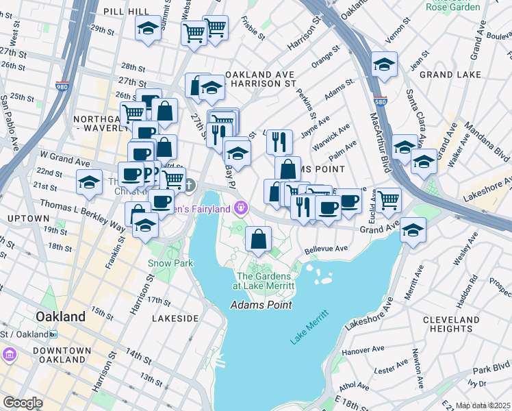 map of restaurants, bars, coffee shops, grocery stores, and more near 250 Grand Avenue in Oakland