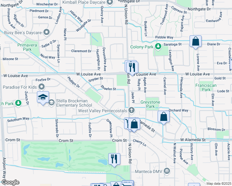 map of restaurants, bars, coffee shops, grocery stores, and more near 1285 Loumena Court in Manteca