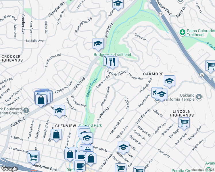 map of restaurants, bars, coffee shops, grocery stores, and more near 4081 Waterhouse Road in Oakland