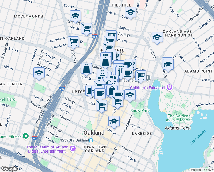 map of restaurants, bars, coffee shops, grocery stores, and more near 2016 Telegraph Avenue in Oakland