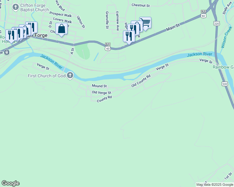 map of restaurants, bars, coffee shops, grocery stores, and more near County Road in Clifton Forge