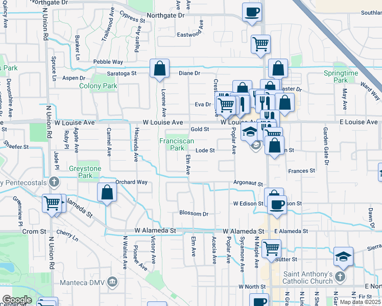 map of restaurants, bars, coffee shops, grocery stores, and more near 586 Lode Street in Manteca