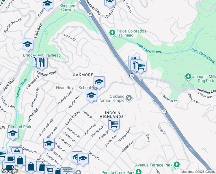 map of restaurants, bars, coffee shops, grocery stores, and more near 4537 Lincoln Avenue in Oakland