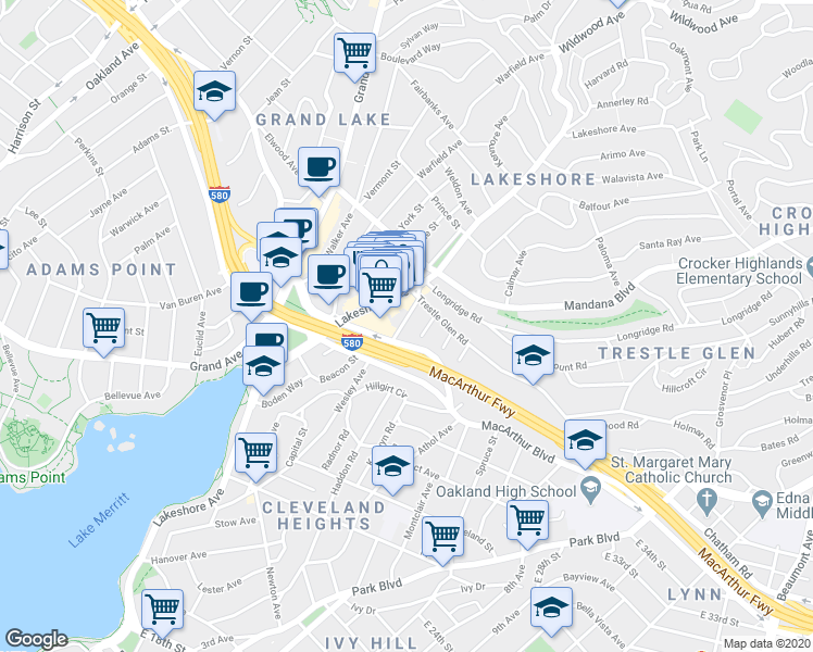 map of restaurants, bars, coffee shops, grocery stores, and more near 3300 Lakeshore Avenue in Oakland