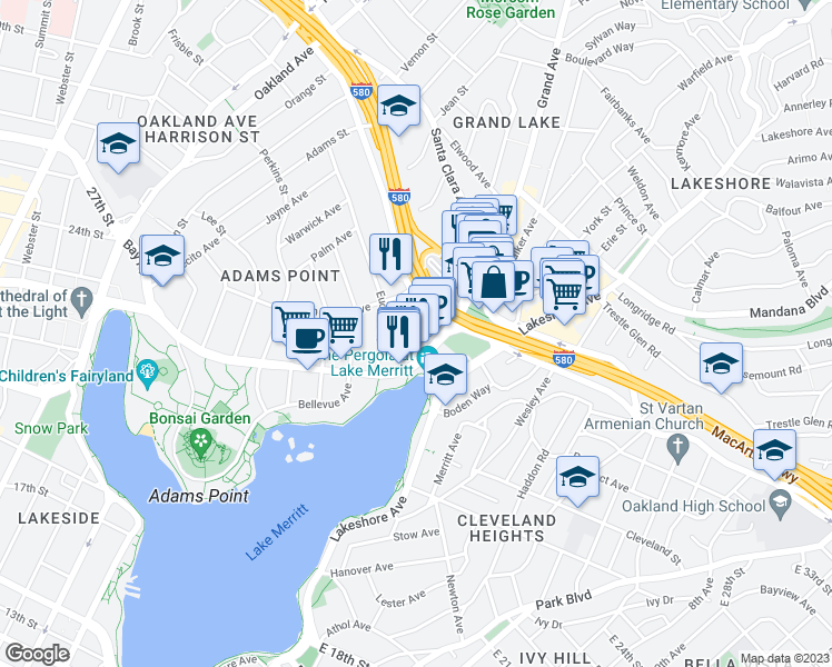 map of restaurants, bars, coffee shops, grocery stores, and more near 436 Lagunitas Avenue in Oakland