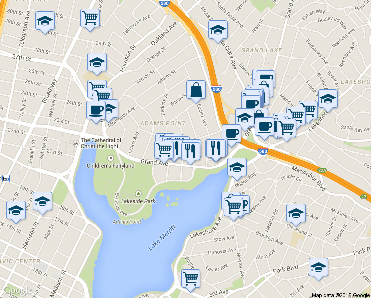 map of restaurants, bars, coffee shops, grocery stores, and more near 408 Van Buren Avenue in Oakland