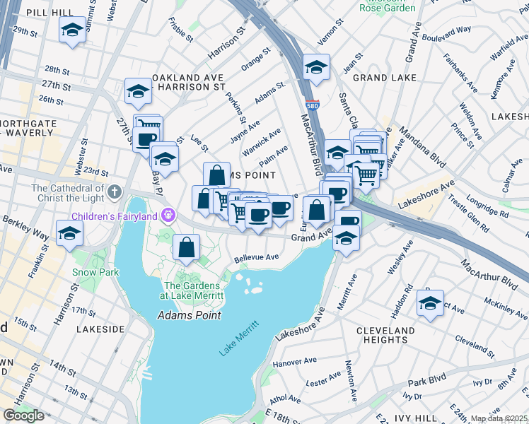 map of restaurants, bars, coffee shops, grocery stores, and more near 375 Van Buren Avenue in Oakland