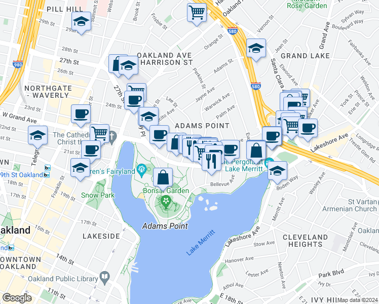 map of restaurants, bars, coffee shops, grocery stores, and more near 406 Lee Street in Oakland