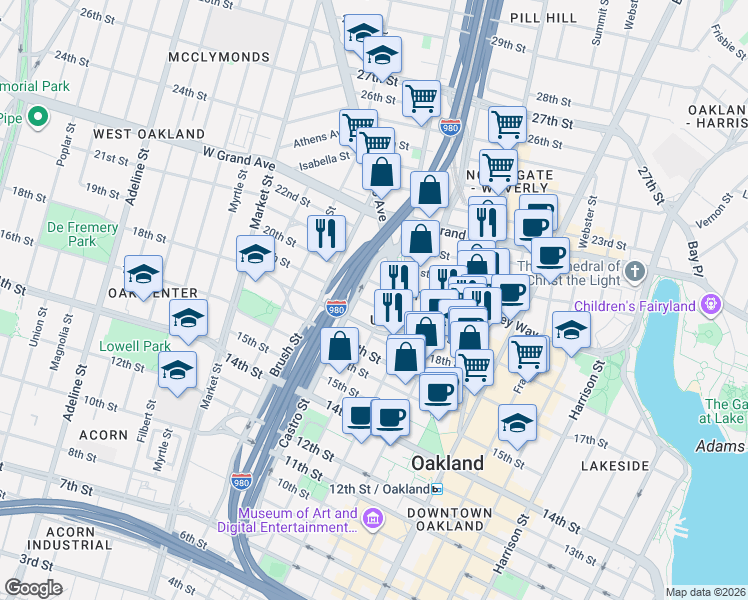 map of restaurants, bars, coffee shops, grocery stores, and more near 660 Thomas L Berkley Way in Oakland