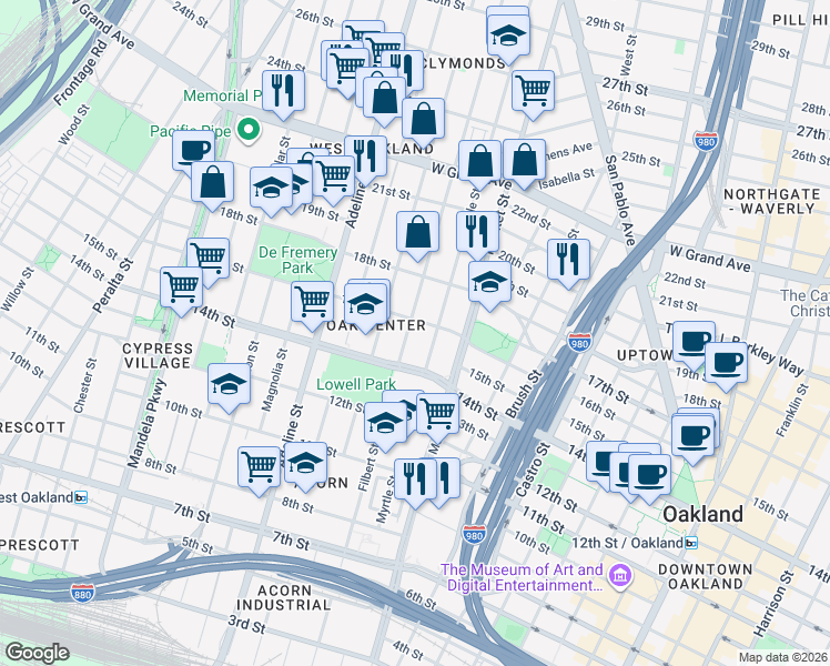 map of restaurants, bars, coffee shops, grocery stores, and more near 1014 16th Street in Oakland