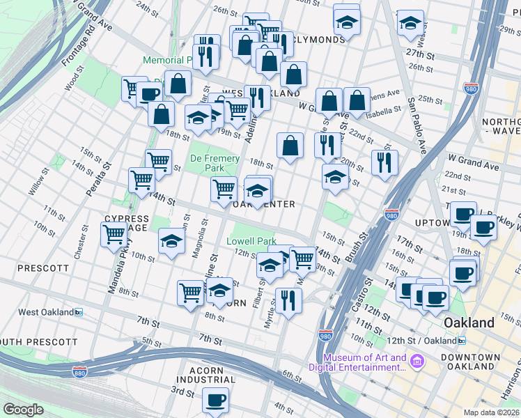 map of restaurants, bars, coffee shops, grocery stores, and more near 1099 16th Street in Oakland