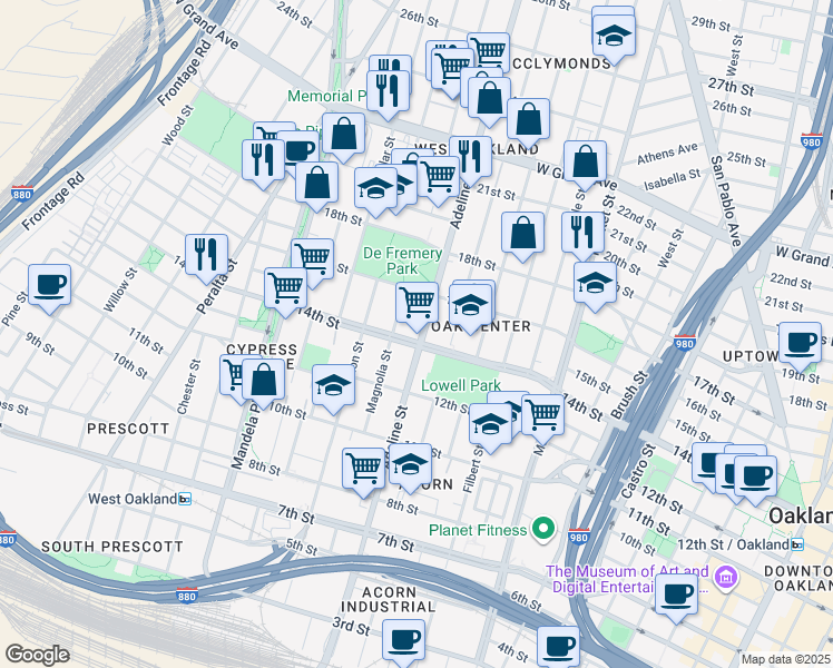 map of restaurants, bars, coffee shops, grocery stores, and more near 1511 Adeline Street in Oakland