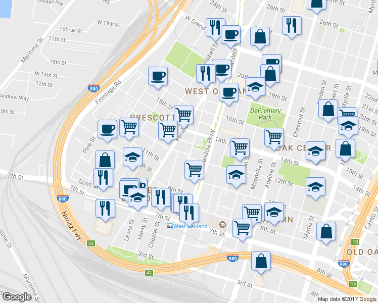 map of restaurants, bars, coffee shops, grocery stores, and more near in Oakland