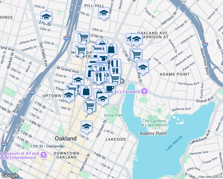 map of restaurants, bars, coffee shops, grocery stores, and more near 1 Kaiser Plaza in Oakland