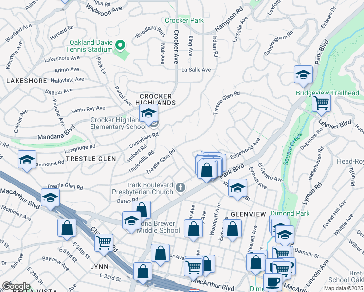 map of restaurants, bars, coffee shops, grocery stores, and more near 1501 Trestle Glen Road in Oakland