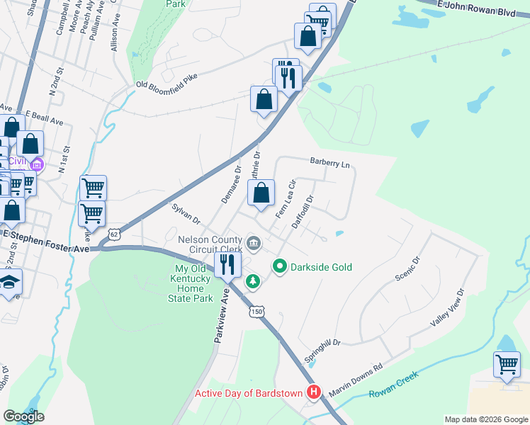 map of restaurants, bars, coffee shops, grocery stores, and more near 103 Barberry Lane in Bardstown