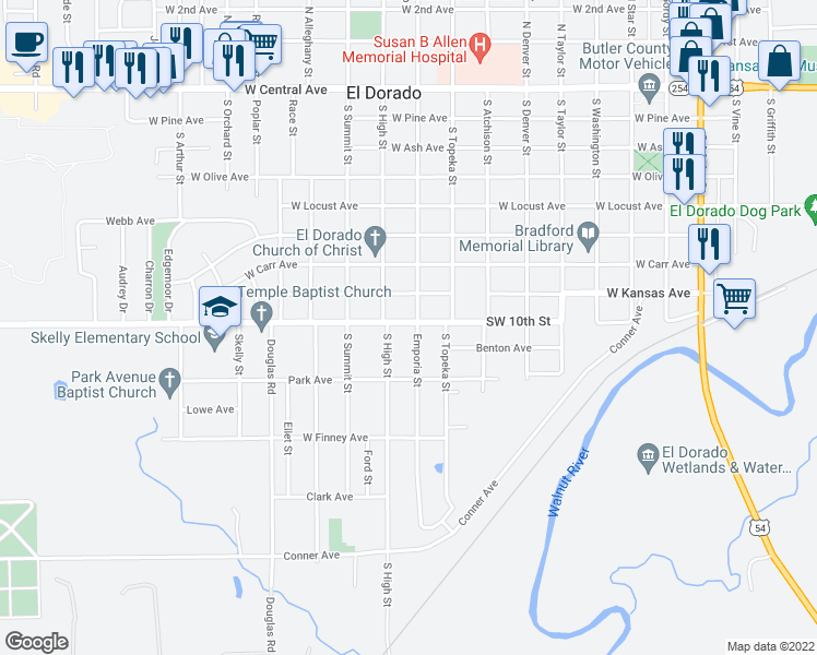 map of restaurants, bars, coffee shops, grocery stores, and more near 905 West Towanda Avenue in El Dorado