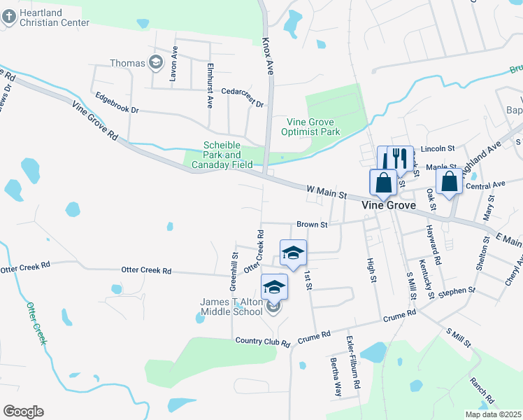 map of restaurants, bars, coffee shops, grocery stores, and more near 107 Otter Creek Rd in Vine Grove