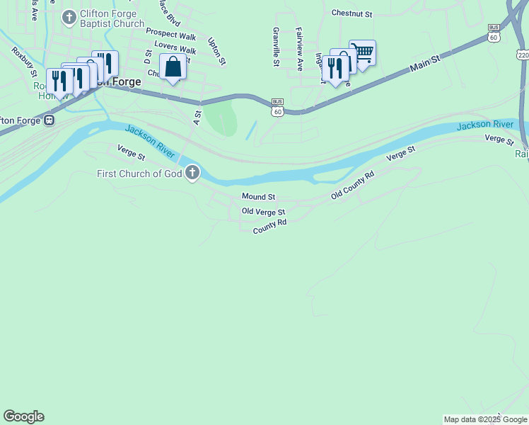 map of restaurants, bars, coffee shops, grocery stores, and more near Old Verge Street in Clifton Forge