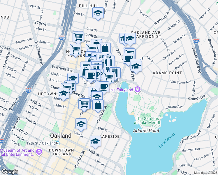 map of restaurants, bars, coffee shops, grocery stores, and more near 155 Grand Avenue in Oakland