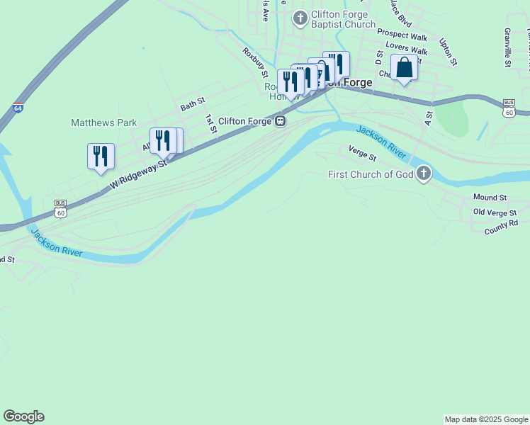 map of restaurants, bars, coffee shops, grocery stores, and more near Frazier Hill Lane in Clifton Forge