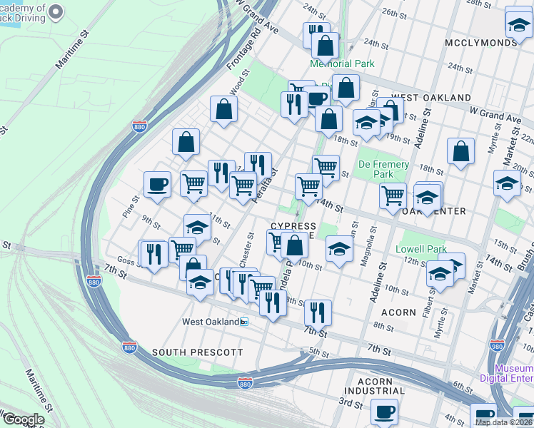 map of restaurants, bars, coffee shops, grocery stores, and more near 1470 12th Street in Oakland