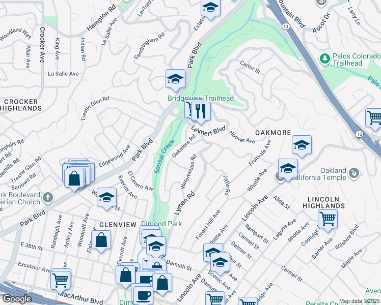 map of restaurants, bars, coffee shops, grocery stores, and more near 4081 Waterhouse Road in Oakland
