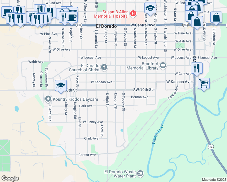 map of restaurants, bars, coffee shops, grocery stores, and more near 903 South Emporia Street in El Dorado