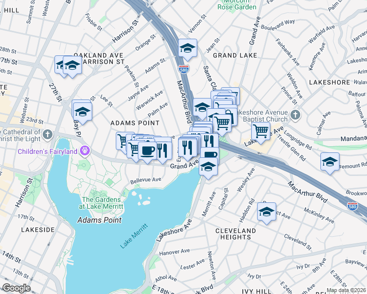 map of restaurants, bars, coffee shops, grocery stores, and more near 400 Lagunitas Avenue in Oakland