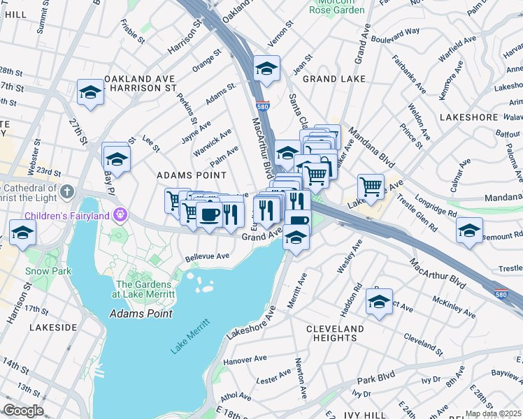map of restaurants, bars, coffee shops, grocery stores, and more near in Oakland