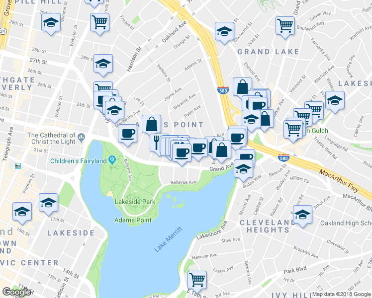 map of restaurants, bars, coffee shops, grocery stores, and more near 375 Van Buren Avenue in Oakland