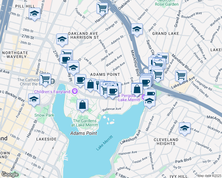 map of restaurants, bars, coffee shops, grocery stores, and more near 375 Van Buren Avenue in Oakland