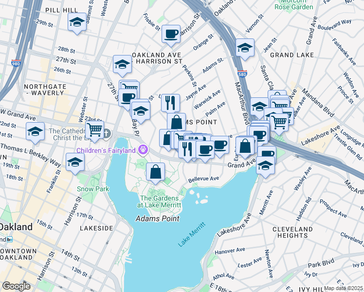 map of restaurants, bars, coffee shops, grocery stores, and more near 406 Lee Street in Oakland