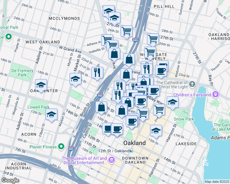 map of restaurants, bars, coffee shops, grocery stores, and more near 660 Thomas L Berkley Way in Oakland