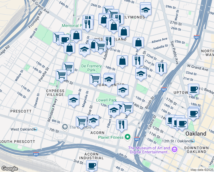 map of restaurants, bars, coffee shops, grocery stores, and more near 1524 Chestnut Street in Oakland